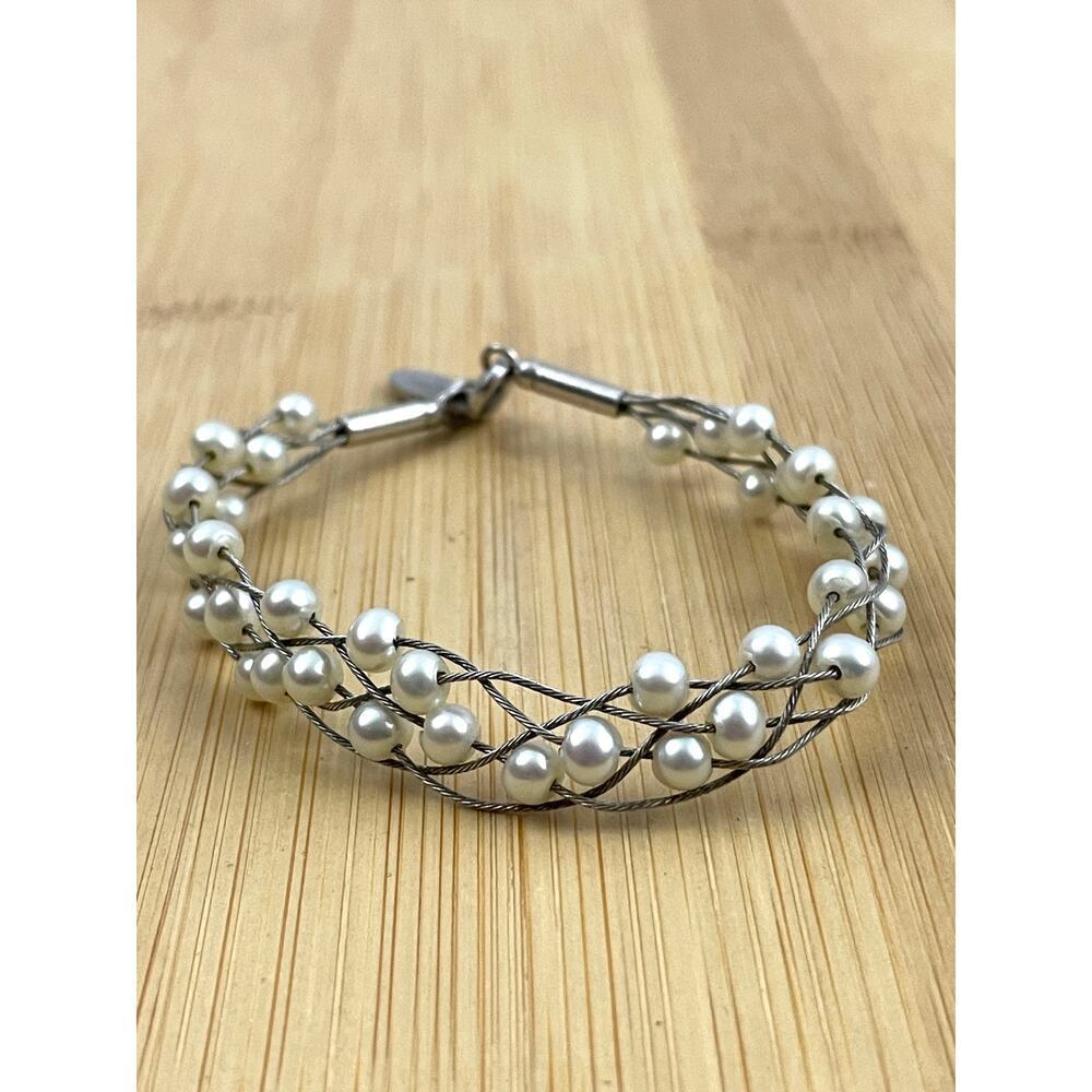 VTG Frederic Duclos Sterling Silver Bracelet 925 Intertwined Pearl‎ Beaded 7"